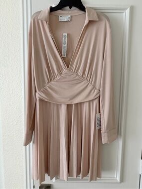 Soft Blush Long-Sleeve Pleated Skirt Dress